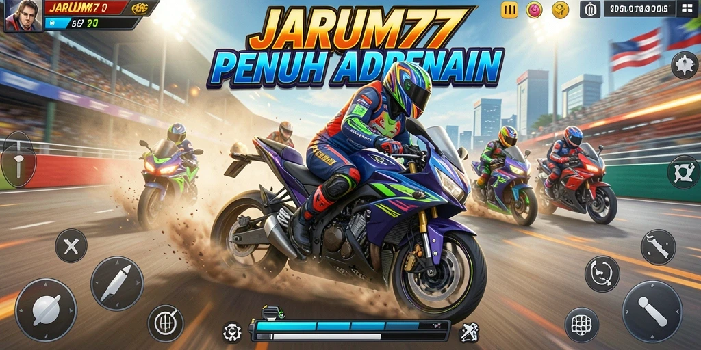 Tampilan gameplay seru dalam JARUM77 yang menampilkan balapan motor.