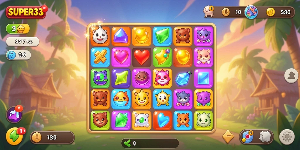 Tampilan gameplay SUPER33 yang menarik dengan match-3 yang seru.