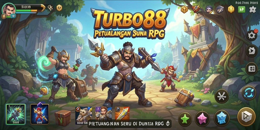 Tangkapan layar utama TURBO88 menampilkan aksi pertarungan RPG yang mendebarkan.